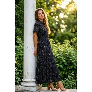 In February Maxi Dress Womens M Black Cream Floral Smocked Waist V-Neck